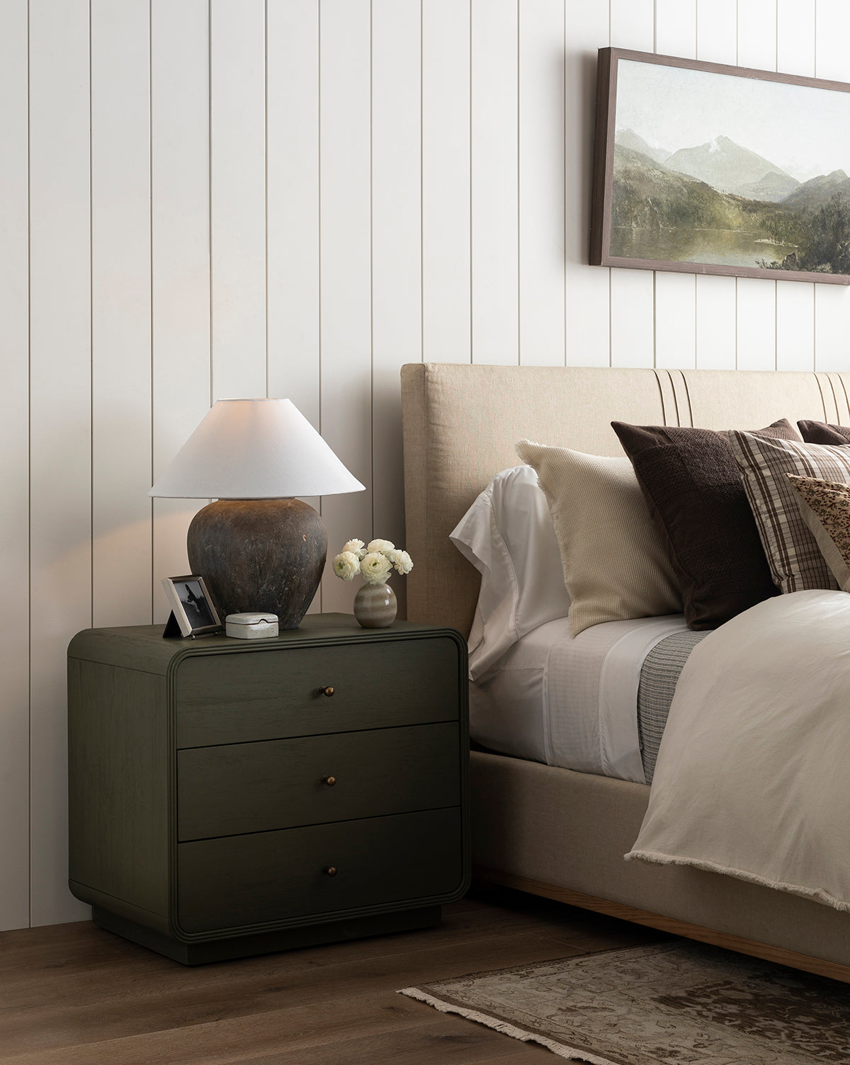 Modern Acacia Nightstand with Laurel Green Finish & Brass Hardware for Bedroom
