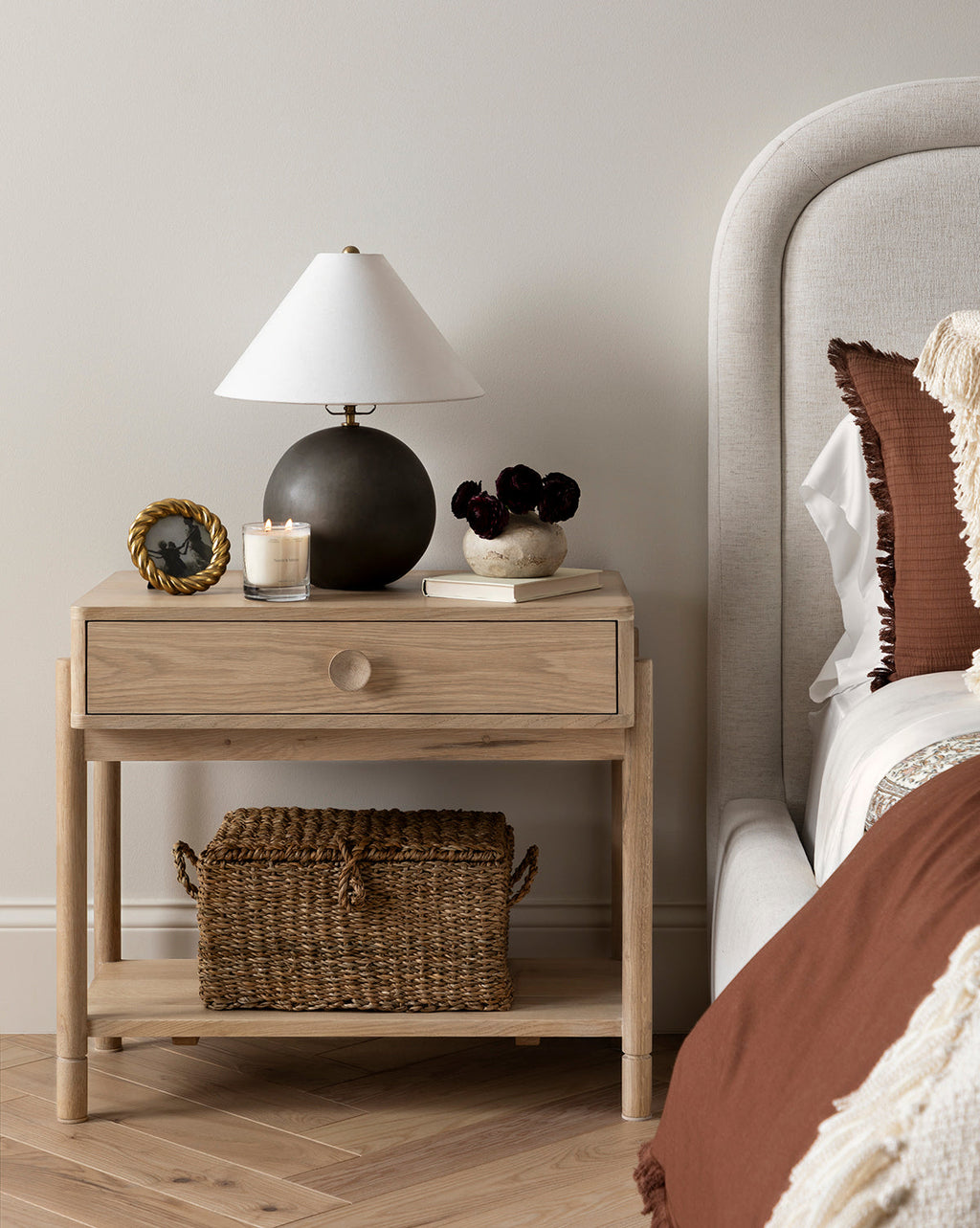 Classic Oak Nightstand with Round Pulls & Open Lower Shelf for Bedroom