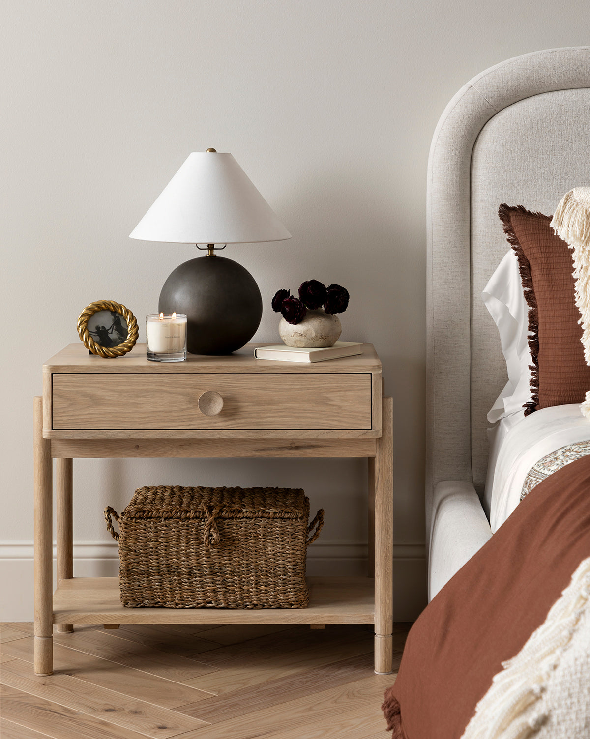 Classic Oak Nightstand with Round Pulls & Open Lower Shelf for Bedroom