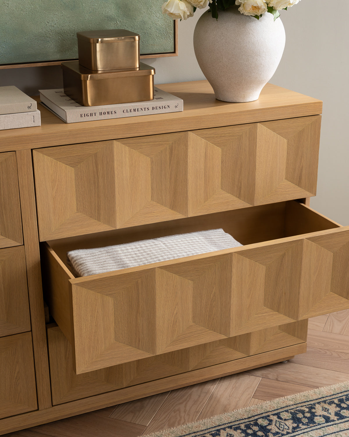 Artisan White Oak Dresser with Geometric Motifs & Spacious Storage for Bedroom