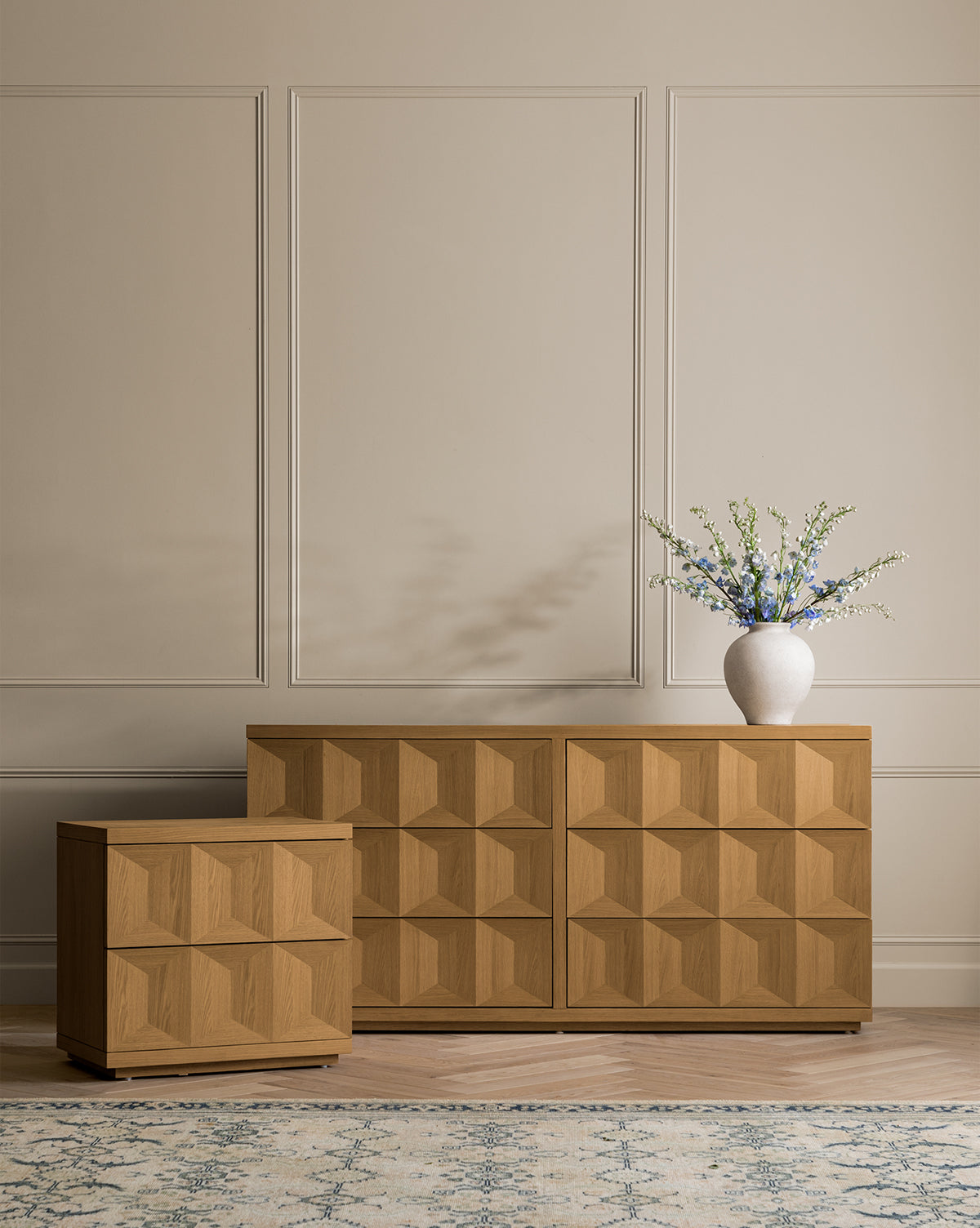 Artisan White Oak Nightstand with Geometric Motifs & Spacious Storage for Bedroom