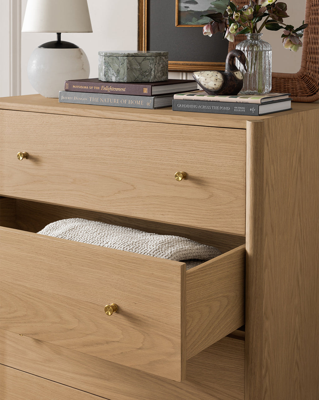 Heritage White Oak Tallboy Dresser with Five Drawers & Brass Hardware for Bedroom