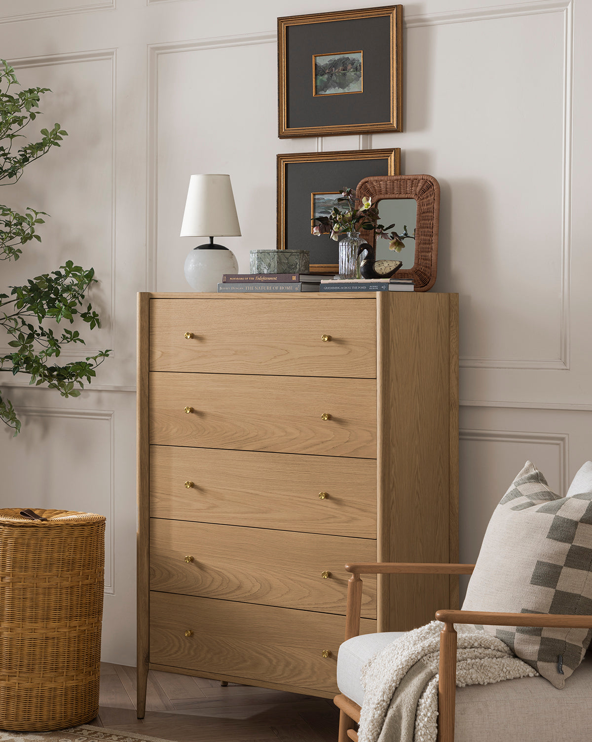 Heritage White Oak Tallboy Dresser with Five Drawers & Brass Hardware for Bedroom