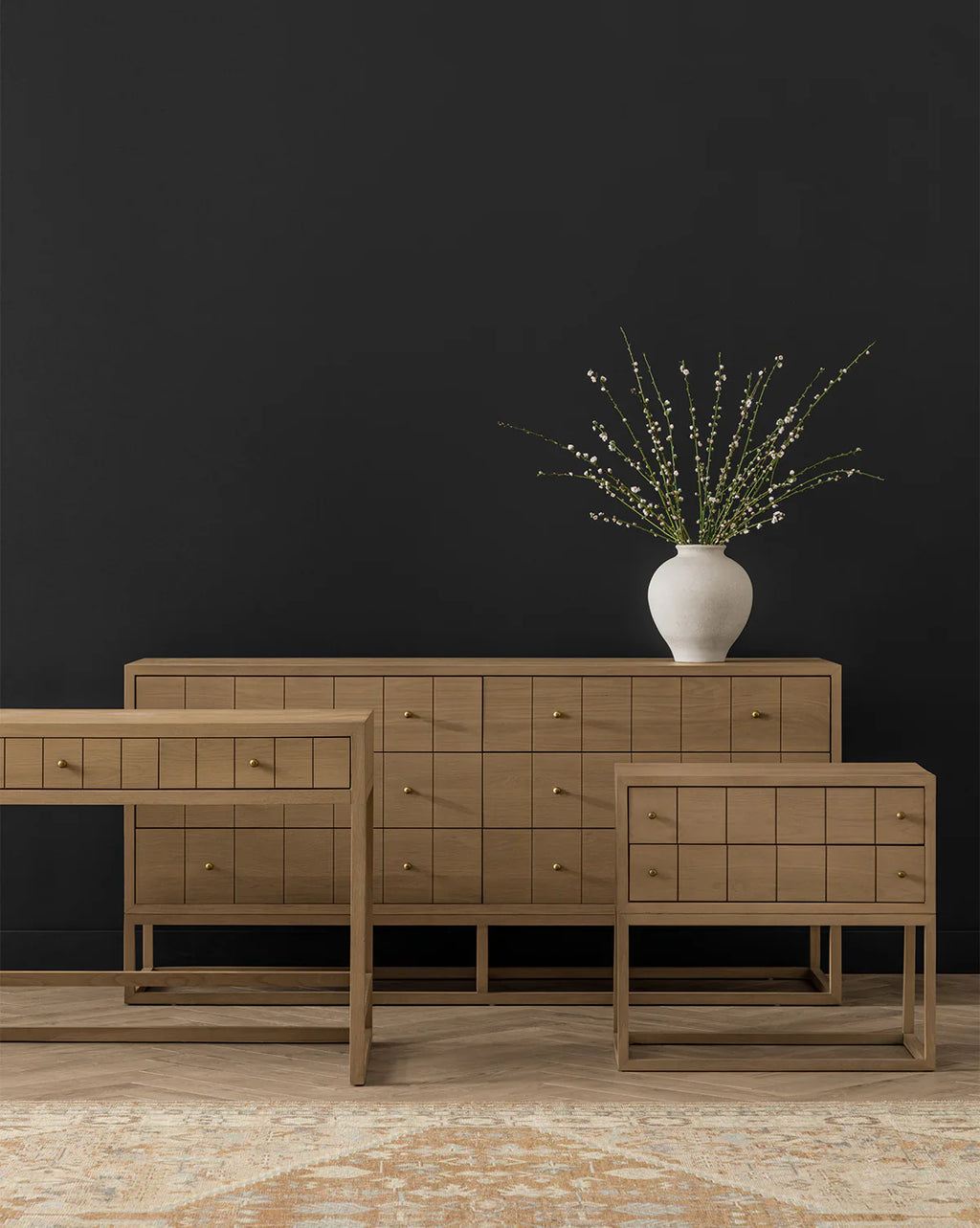 Contemporary Dresser with Etched Grid Pattern & Brass Pulls for Bedroom