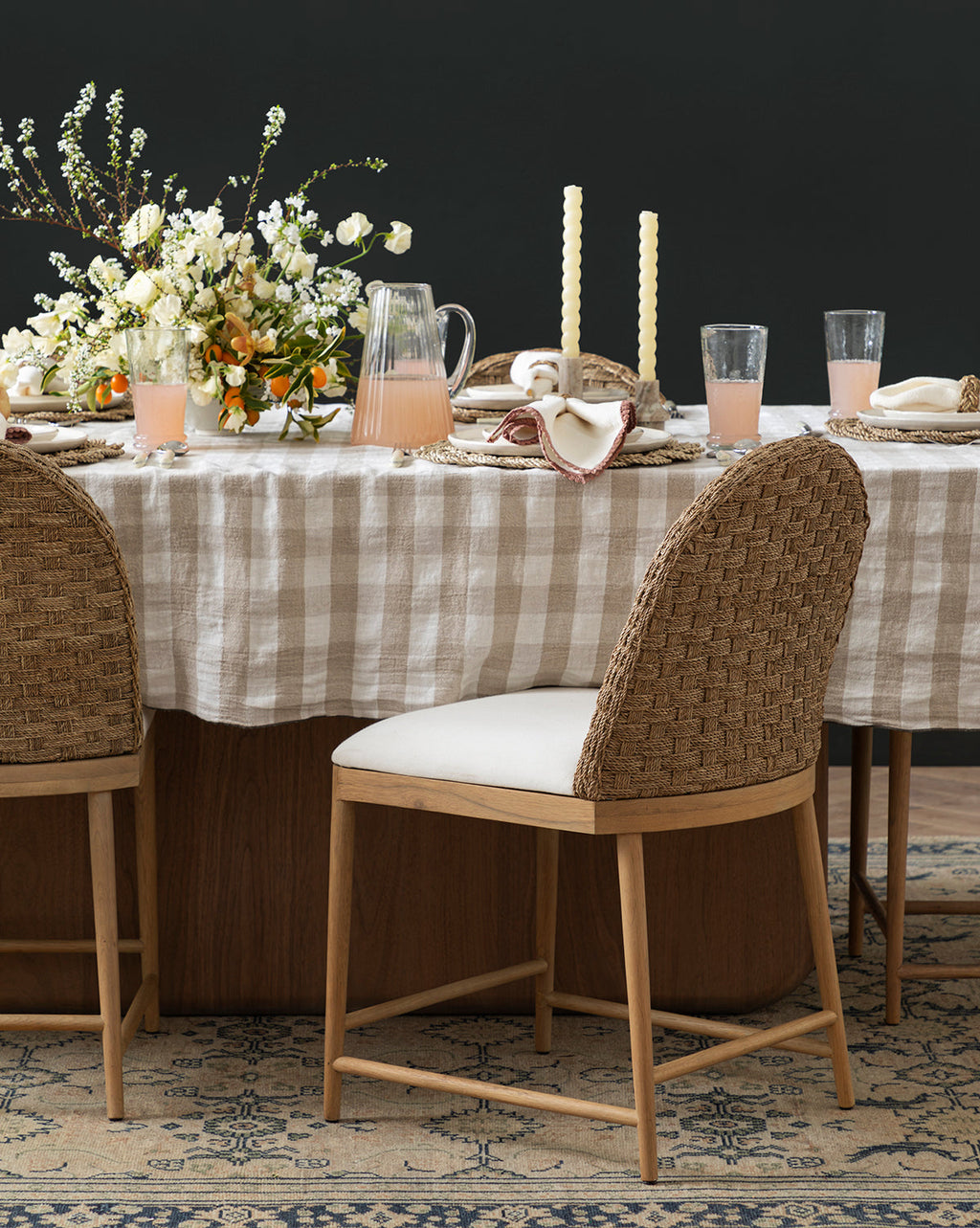 Rustic Solid Oak Dining Chair with Woven Back & White Cushion for Dining Room