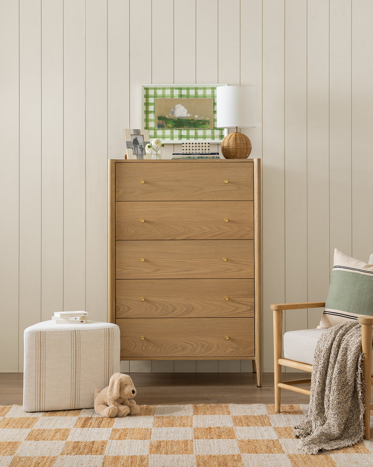 Heritage White Oak Tallboy Dresser with Five Drawers & Brass Hardware for Bedroom