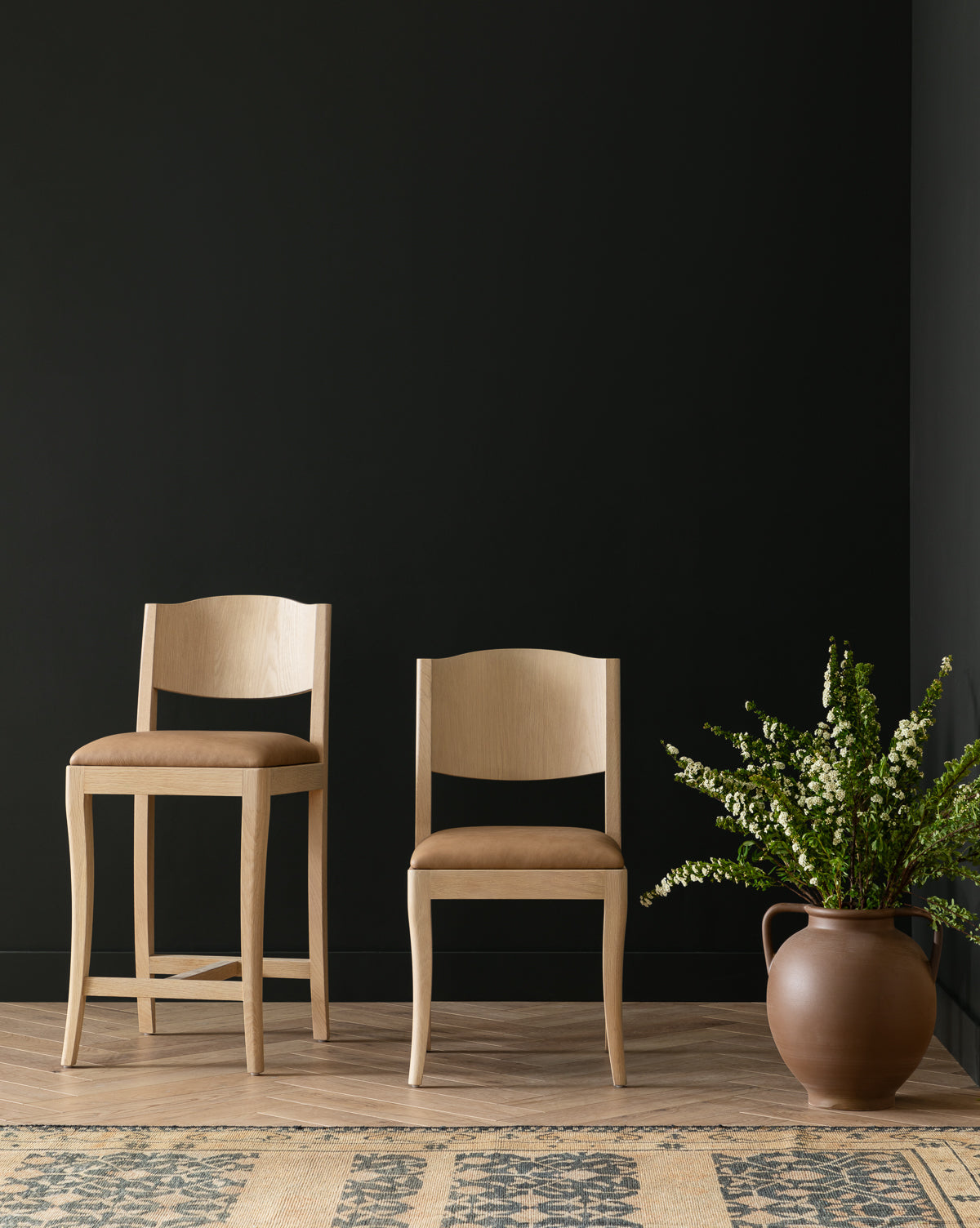 Classic White Oak Dining Chair with Curved Details & Upholstered Seat for Dining Room