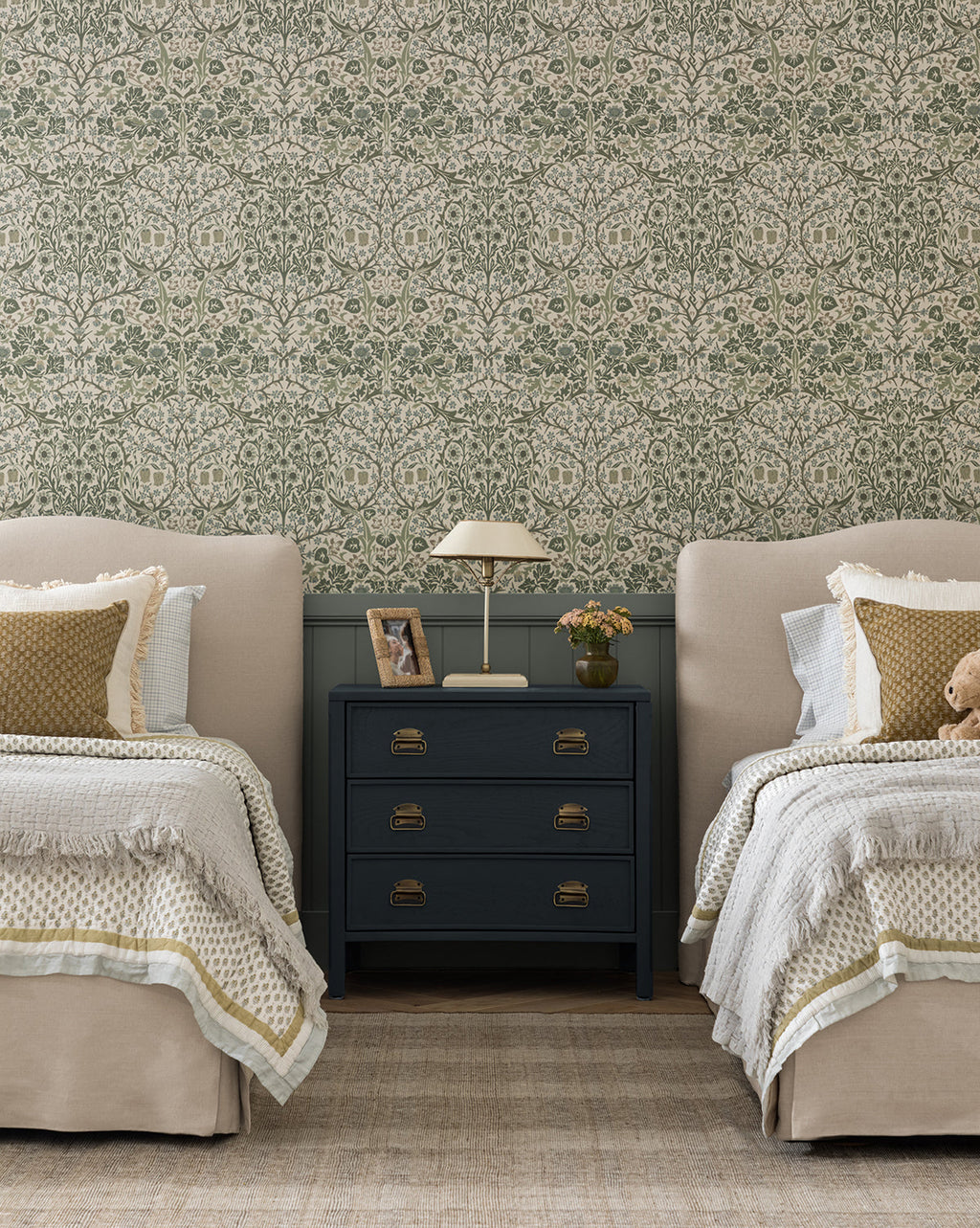 Modern Wood Nightstand with Curved Front & Brass Pulls for Bedroom