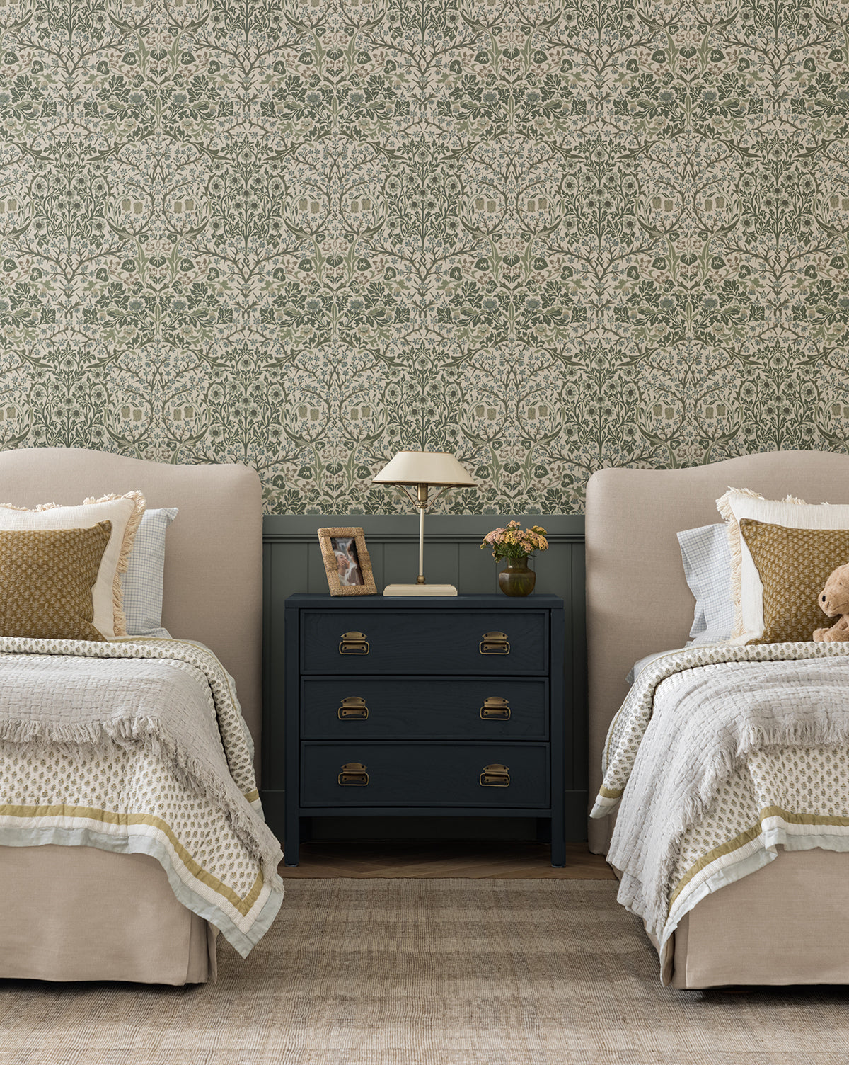 Modern Wood Nightstand with Curved Front & Brass Pulls for Bedroom