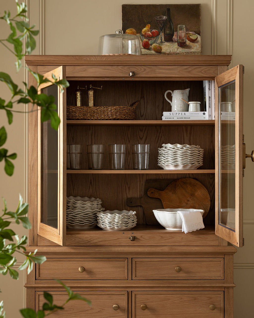 Traditional Oak Cabinet with Glass Doors & Round Pulls for Living Room