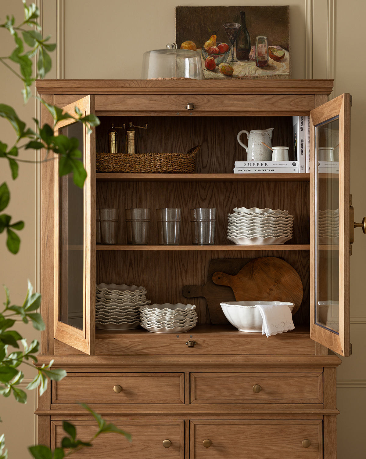 Traditional Oak Cabinet with Glass Doors & Round Pulls for Living Room