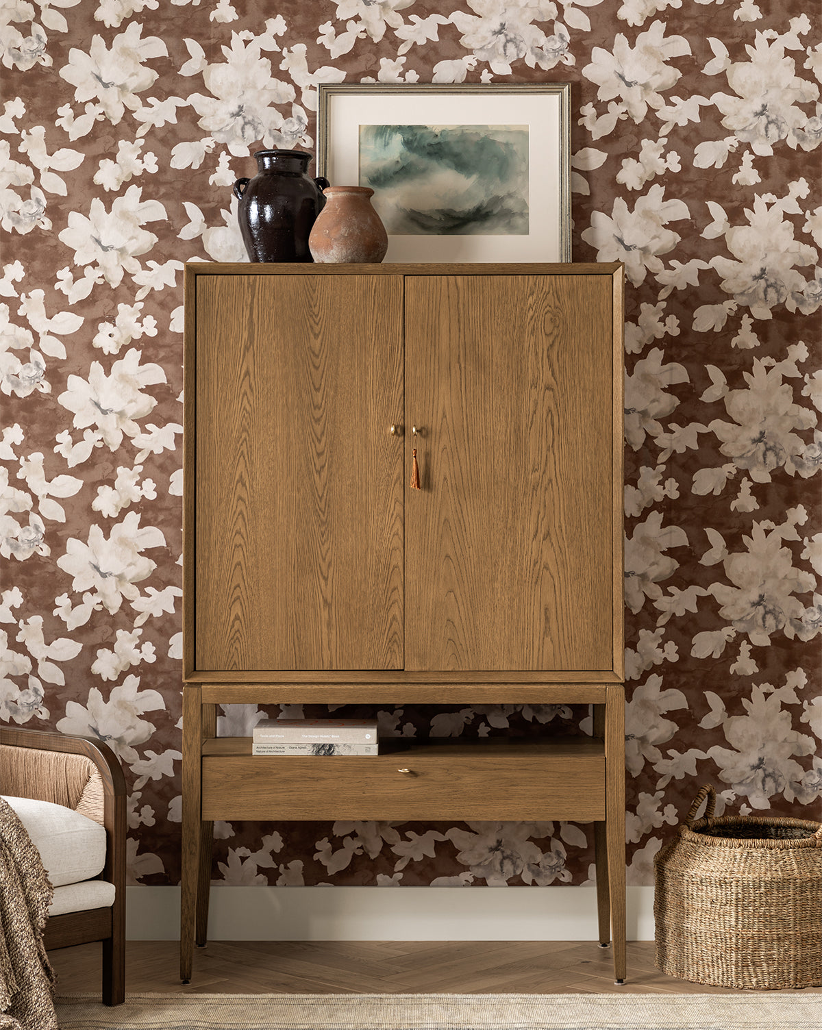 Rustic Honey Oak Cabinet with Ring Pulls & Beveled Edges for Living Room