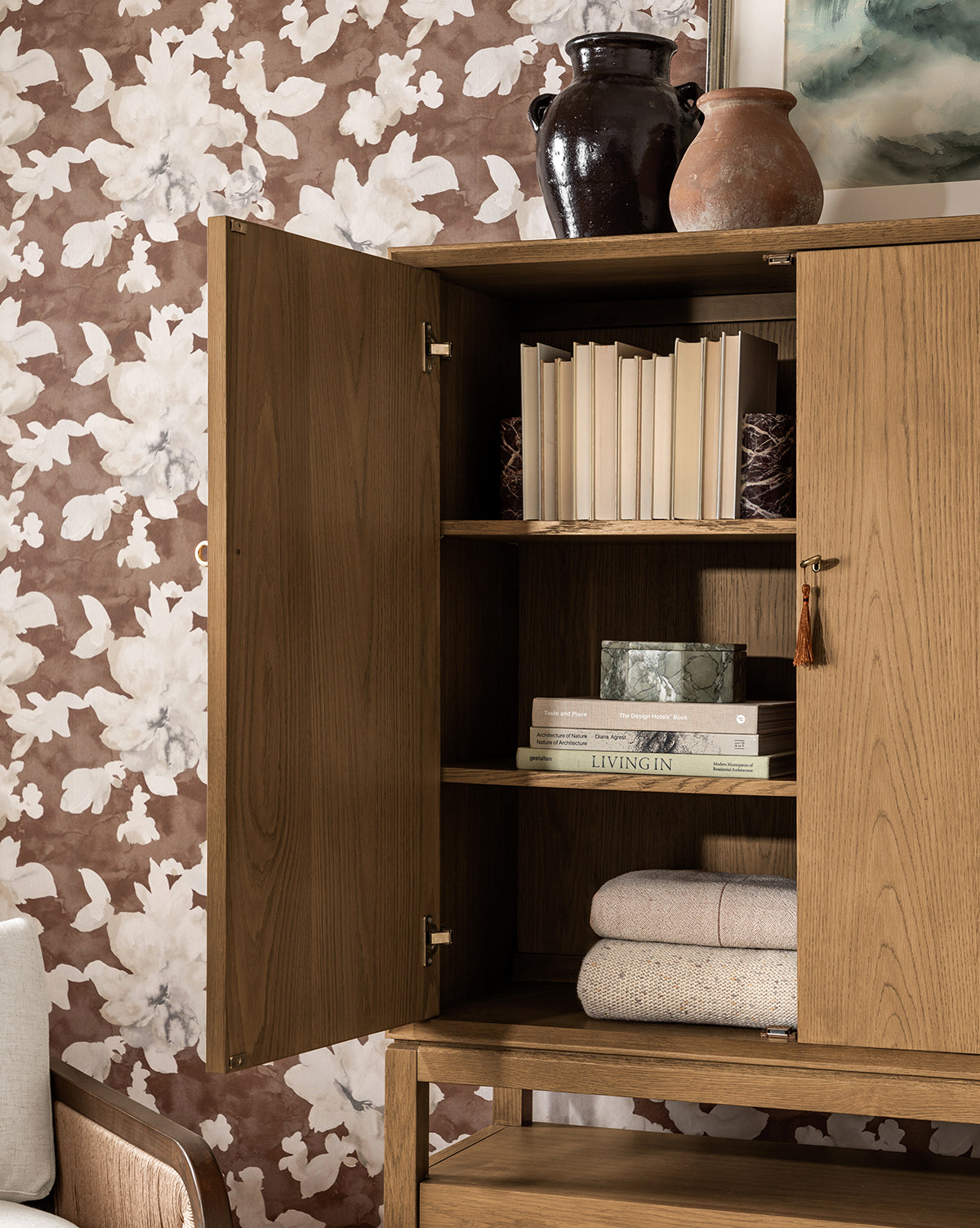 Rustic Honey Oak Cabinet with Ring Pulls & Beveled Edges for Living Room