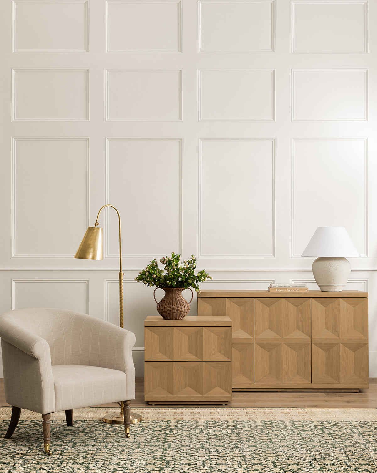 Artisan White Oak Nightstand with Geometric Motifs & Spacious Storage for Bedroom