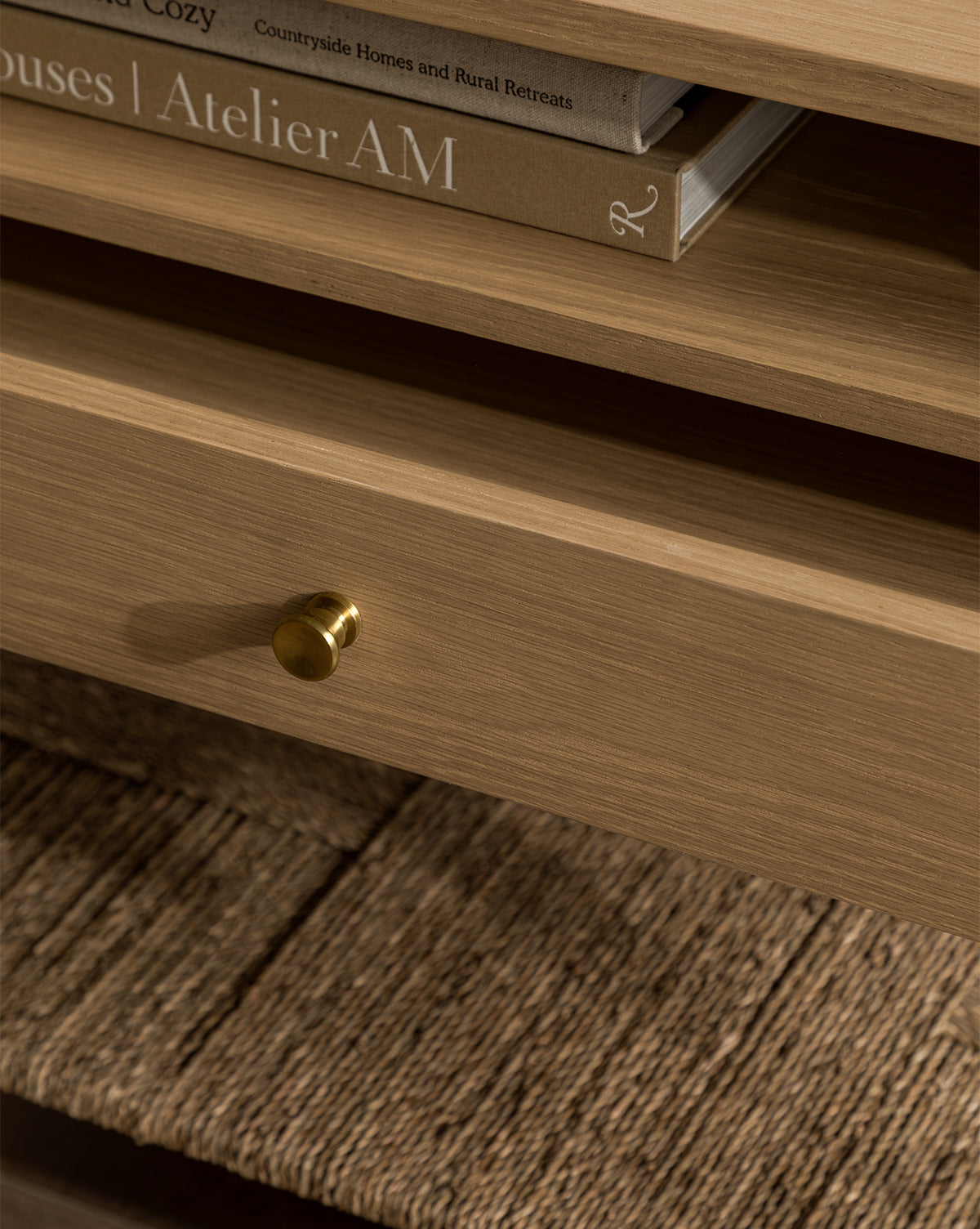 Coastal White Oak Nightstand with Woven Seagrass Shelf & Brass Hardware for Bedroom