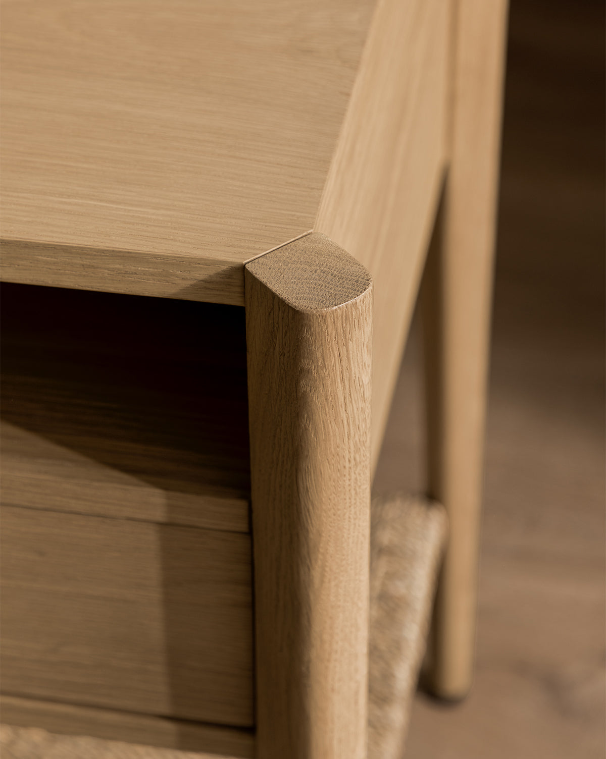 Coastal White Oak Nightstand with Woven Seagrass Shelf & Brass Hardware for Bedroom