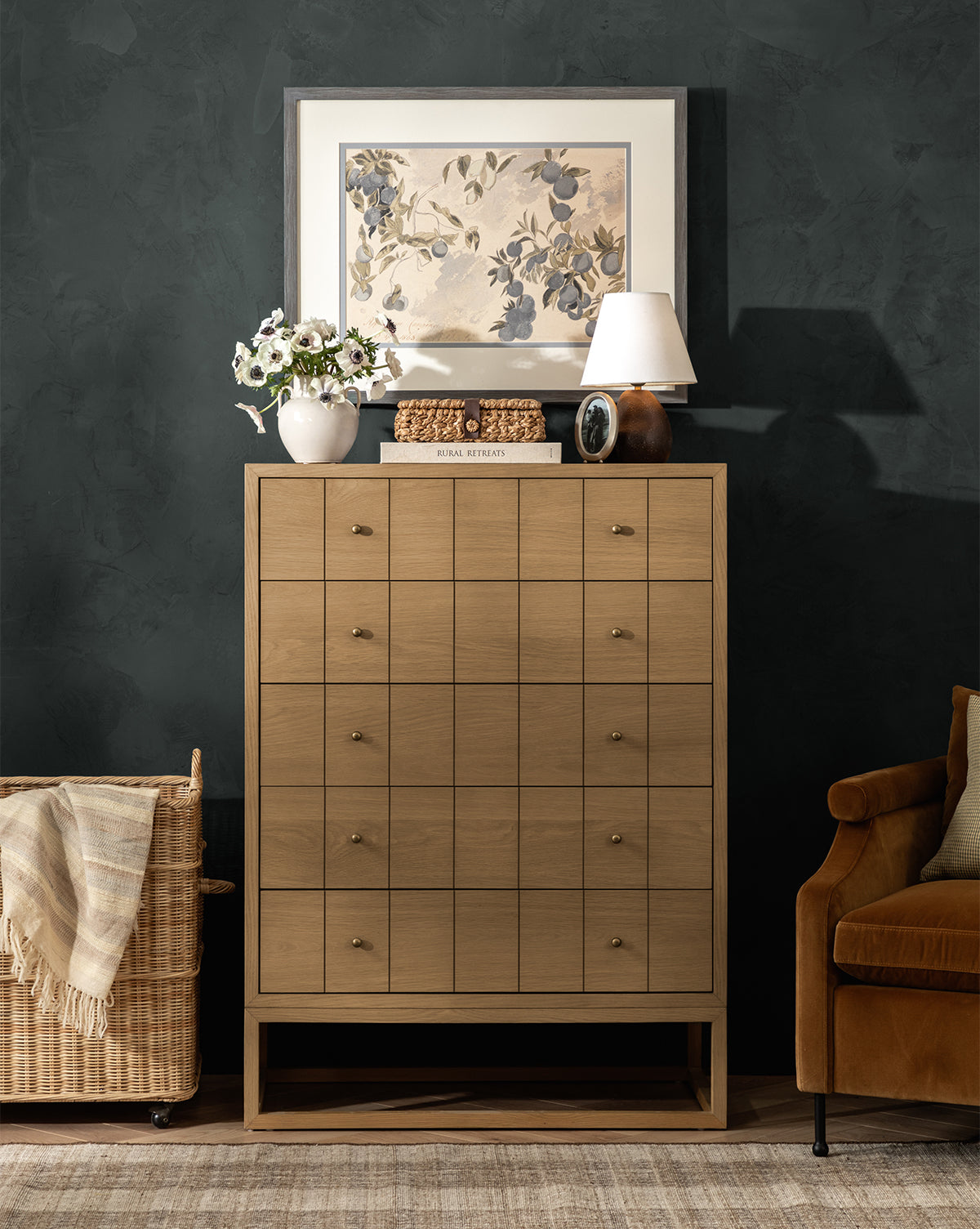 Contemporary Tall Dresser with Etched Pattern & Brass Pulls for Bedroom