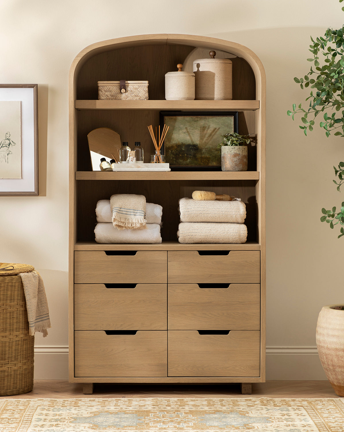 Modern Oak Cabinet with Arched Shape & Six Drawers for Living Room