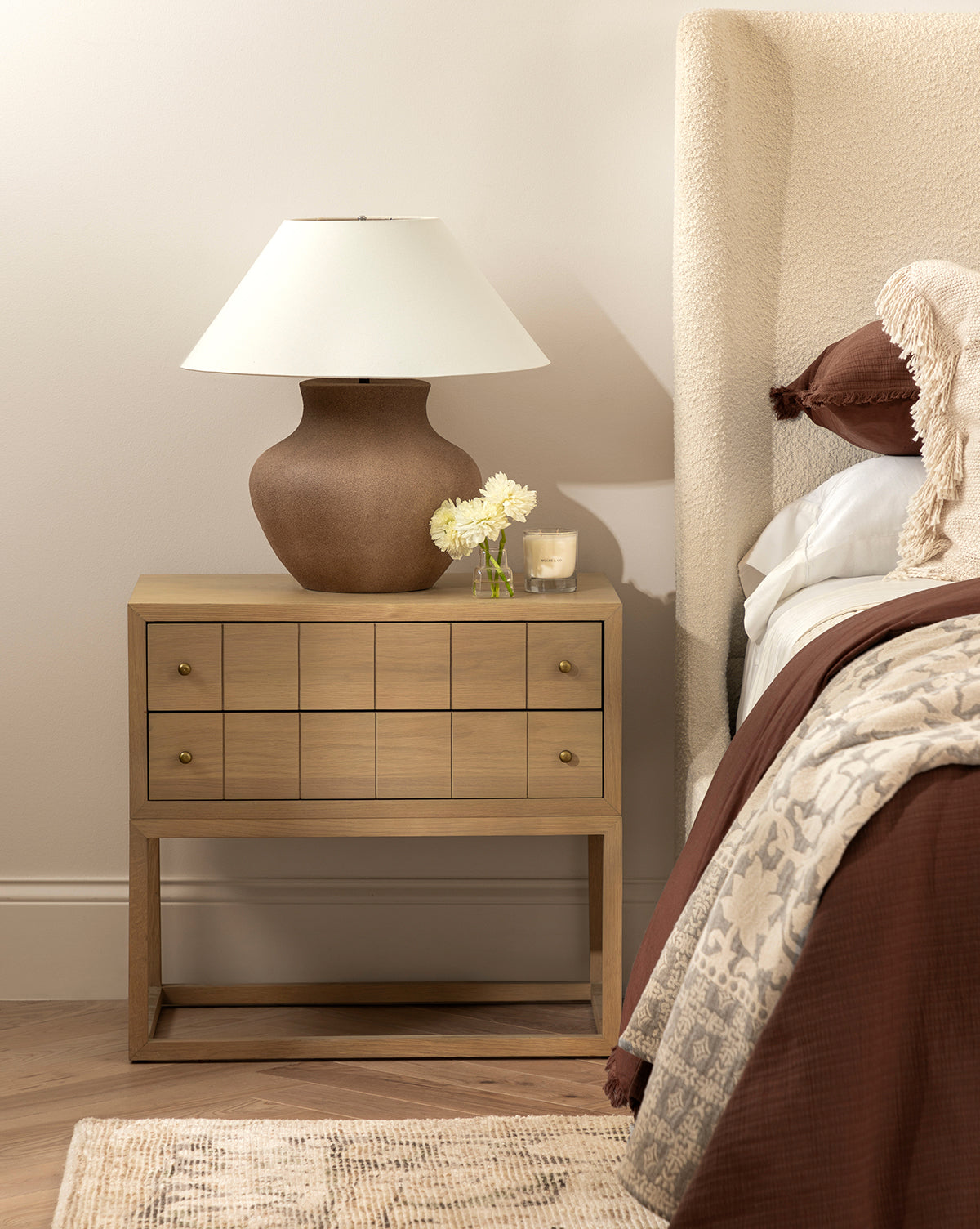Contemporary Oak Nightstand with Etched Grid Pattern & Brass Pulls for Bedroom
