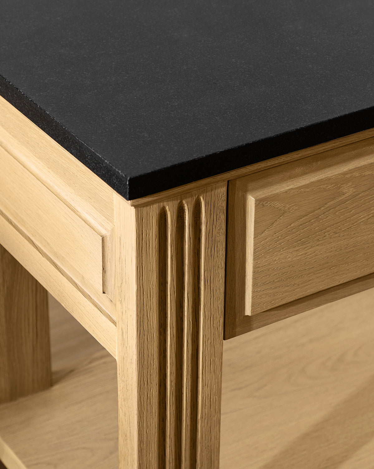 Vintage Drift Oak Nightstand with Granite Top & Fluted Detail for Bedroom