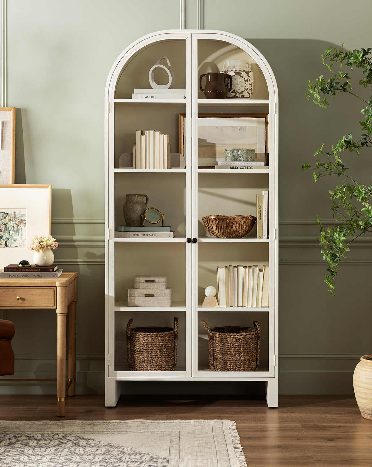 Industrial Iron Cabinet with Rounded Form & Glass Doors for Living Room