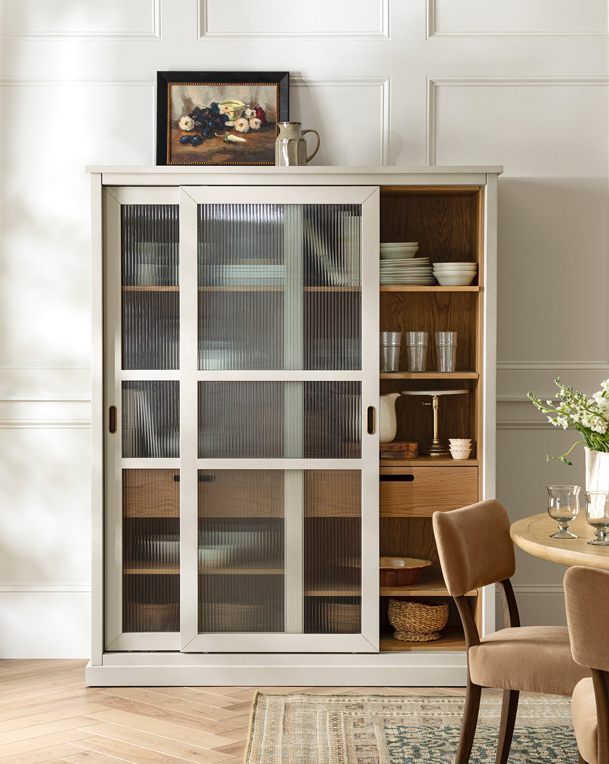Contemporary Painted Oak Cabinet with Sliding Reeded Glass Doors for Living Room