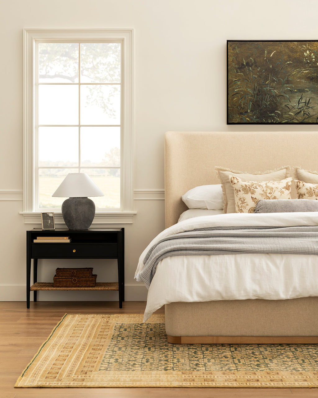Coastal Wood Nightstand with Woven Seagrass Shelf & Brass Hardware for Bedroom