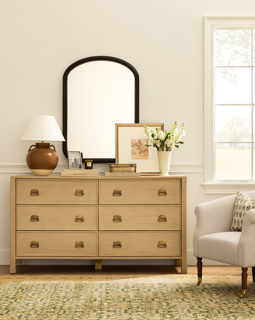 Modern White Oak Dresser with Curved Front & Brass Pulls for Bedroom