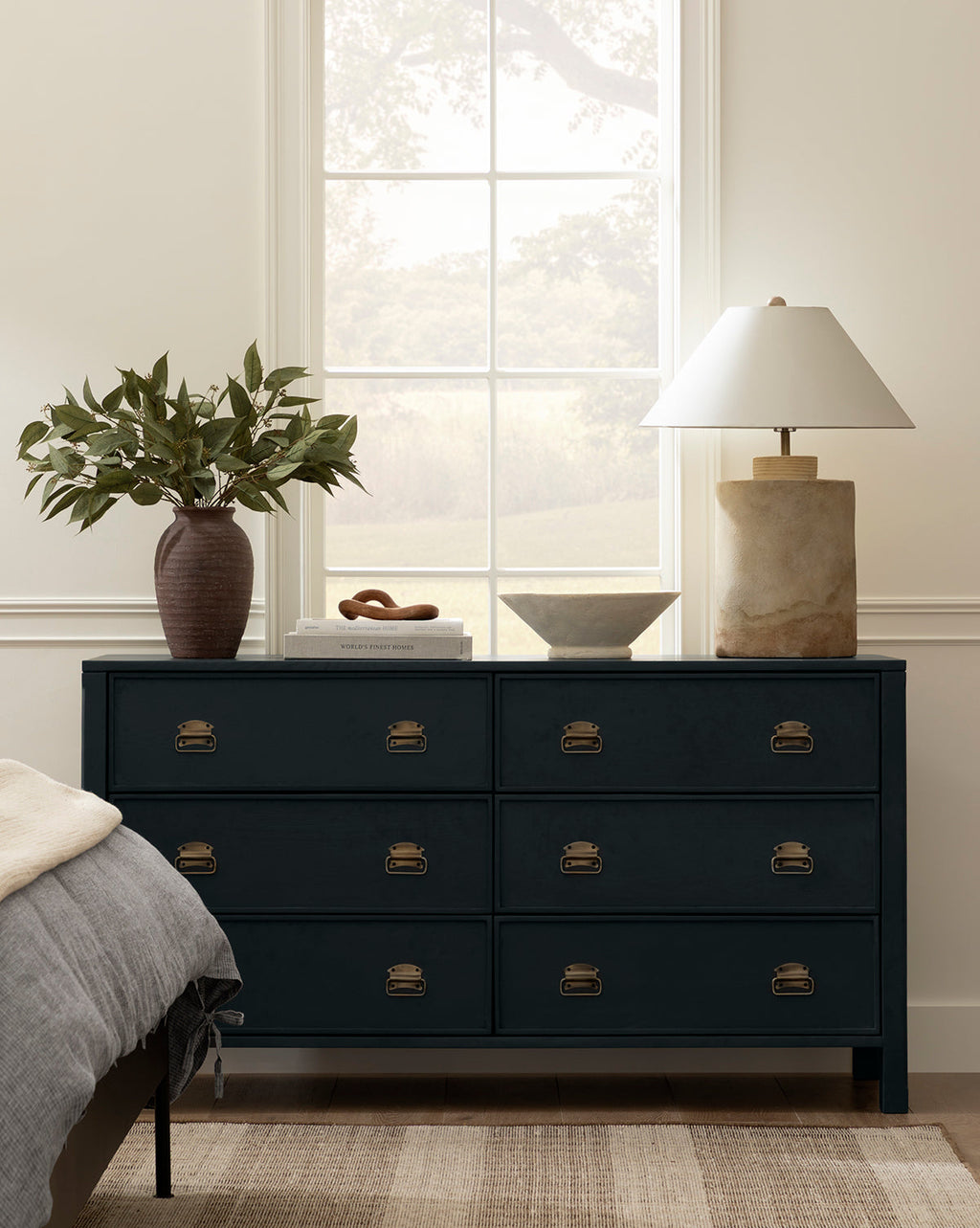 Modern Walnut Dresser with Curved Front & Brass Pulls for Bedroom