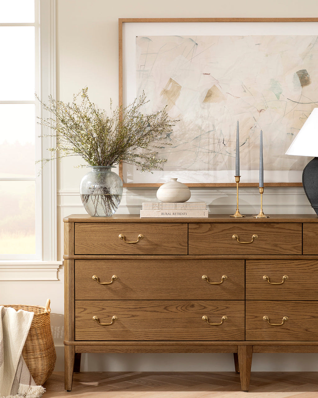 Classic Honey Oak Veneer Dresser with Drop Pulls for Bedroom