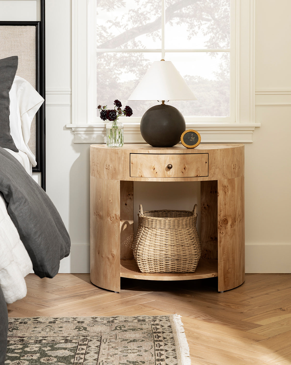 Modern Burl Veneer Nightstand with Brass Knob & Half-Moon Shape for Bedroom