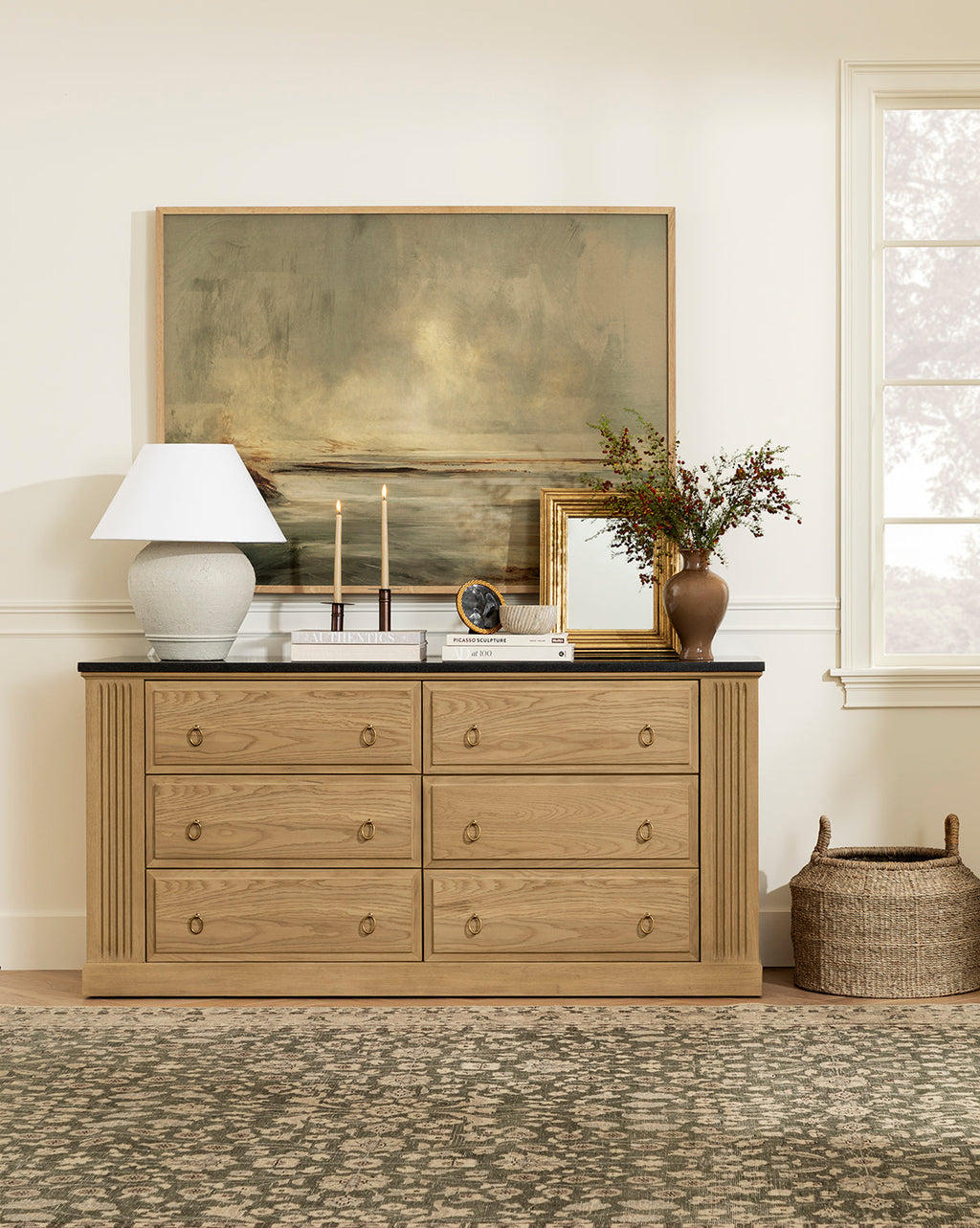 Artisan Drift Oak Dresser with Granite Top & Fluted Detail for Bedroom