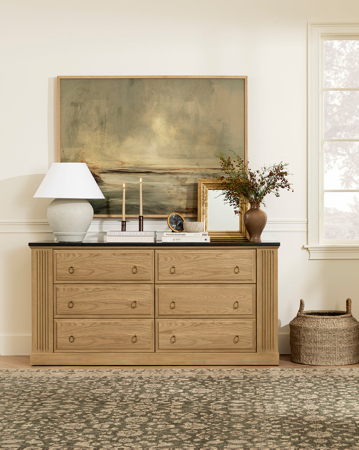 Artisan Drift Oak Dresser with Granite Top & Fluted Detail for Bedroom