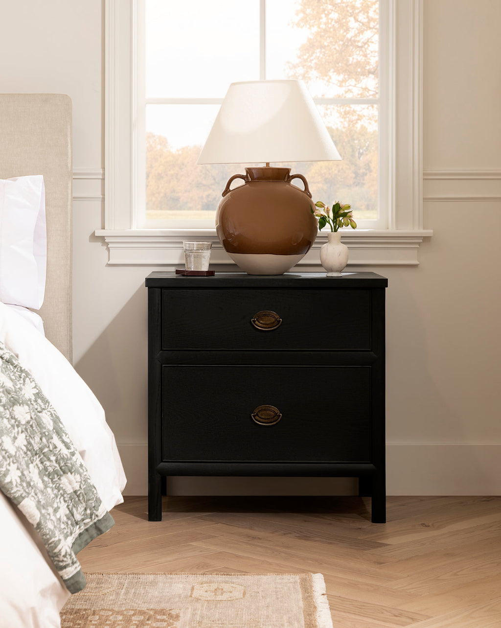 Modern Black Ash Nightstand with Brass Hardware & Spacious Drawer for Bedroom