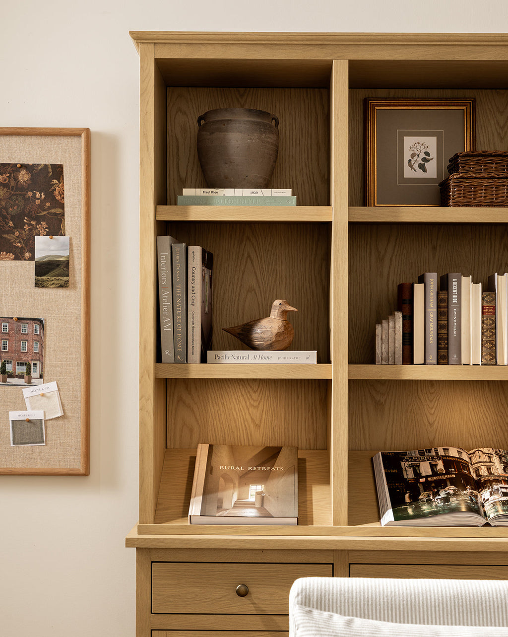 Traditional-Modern Oak Cabinet with Integrated Lighting & Angled Shelf for Living Room
