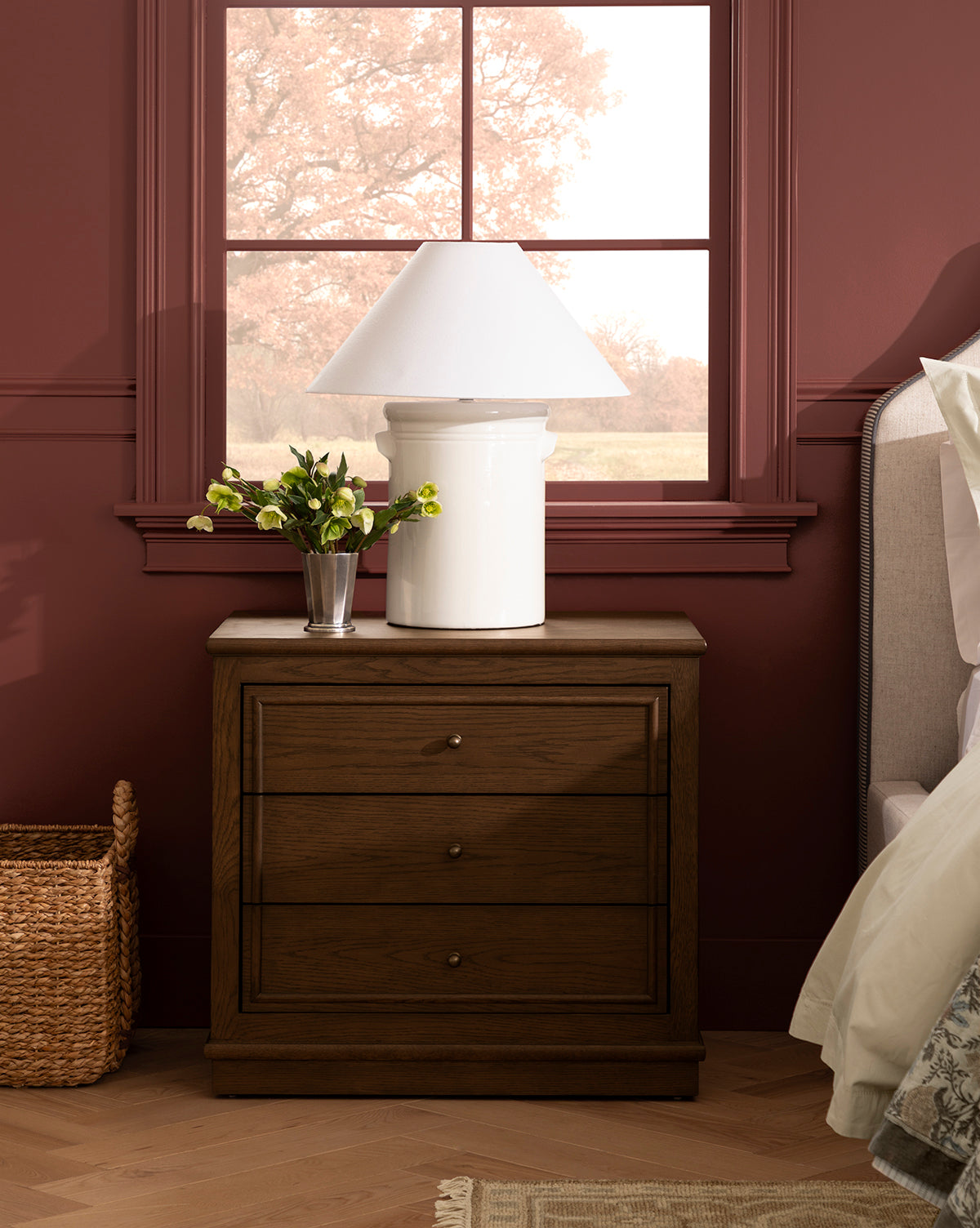 Classic English Oak Nightstand with Antique Brass Pulls for Bedroom