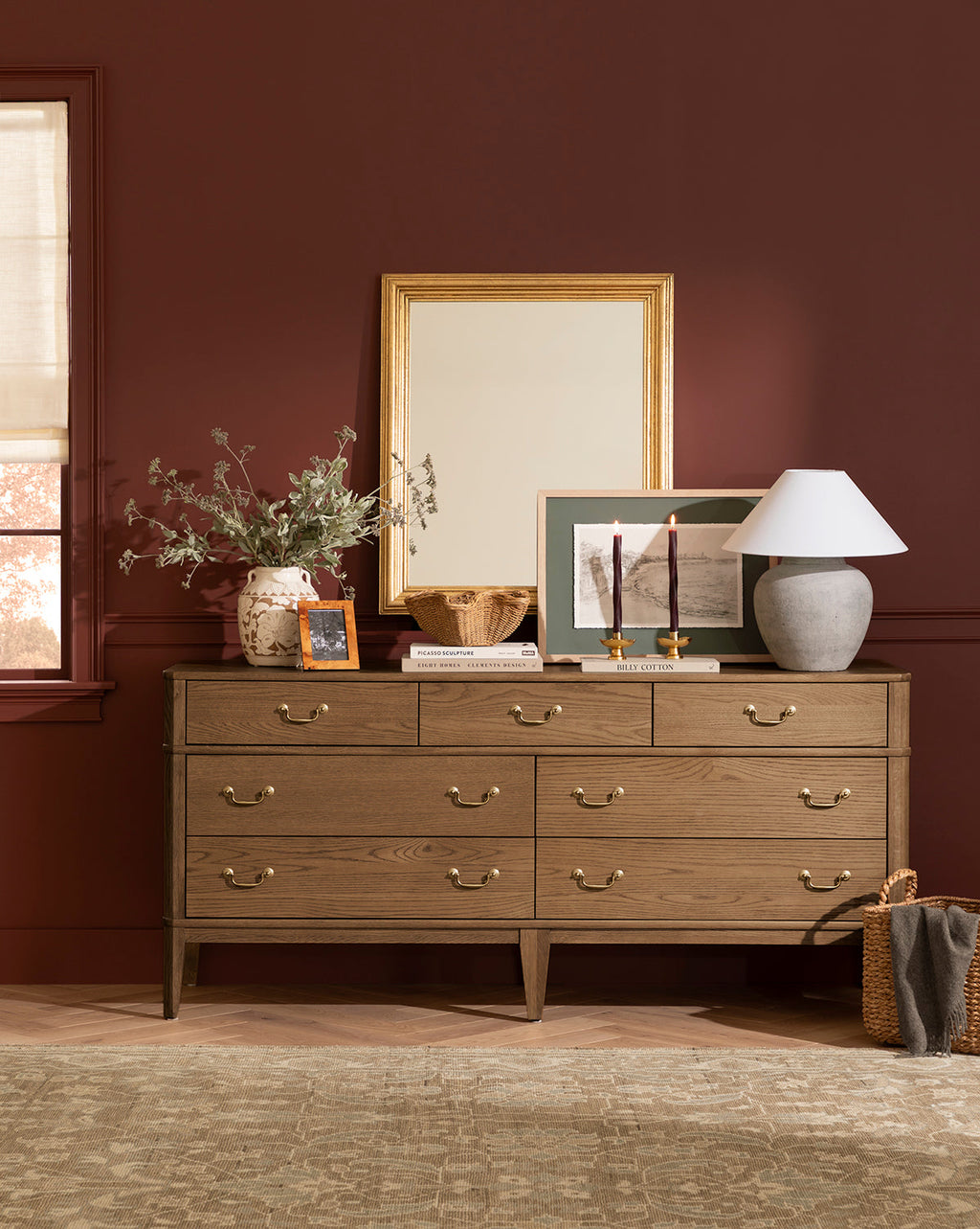 Classic Honey Oak Veneer Dresser with Drop Pulls for Bedroom