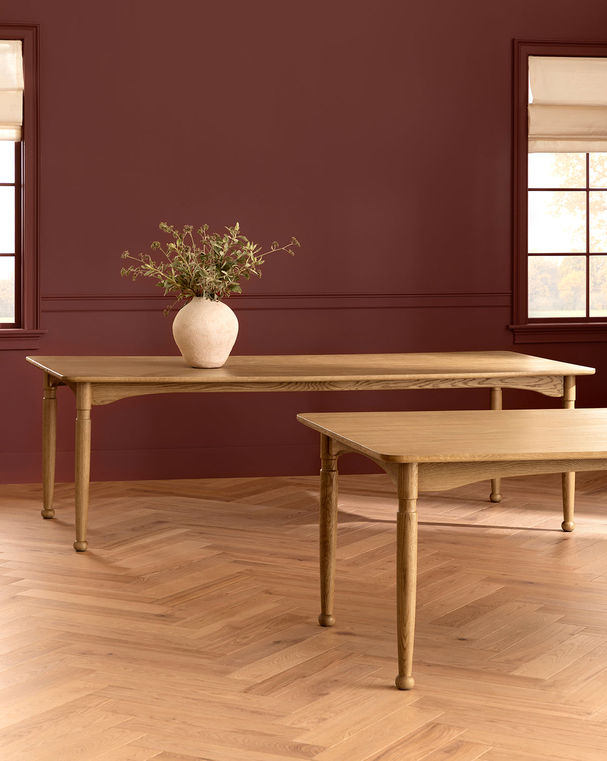 Rustic Honey Oak Dining Table with Notched Leg & Ball Foot for Dining Room
