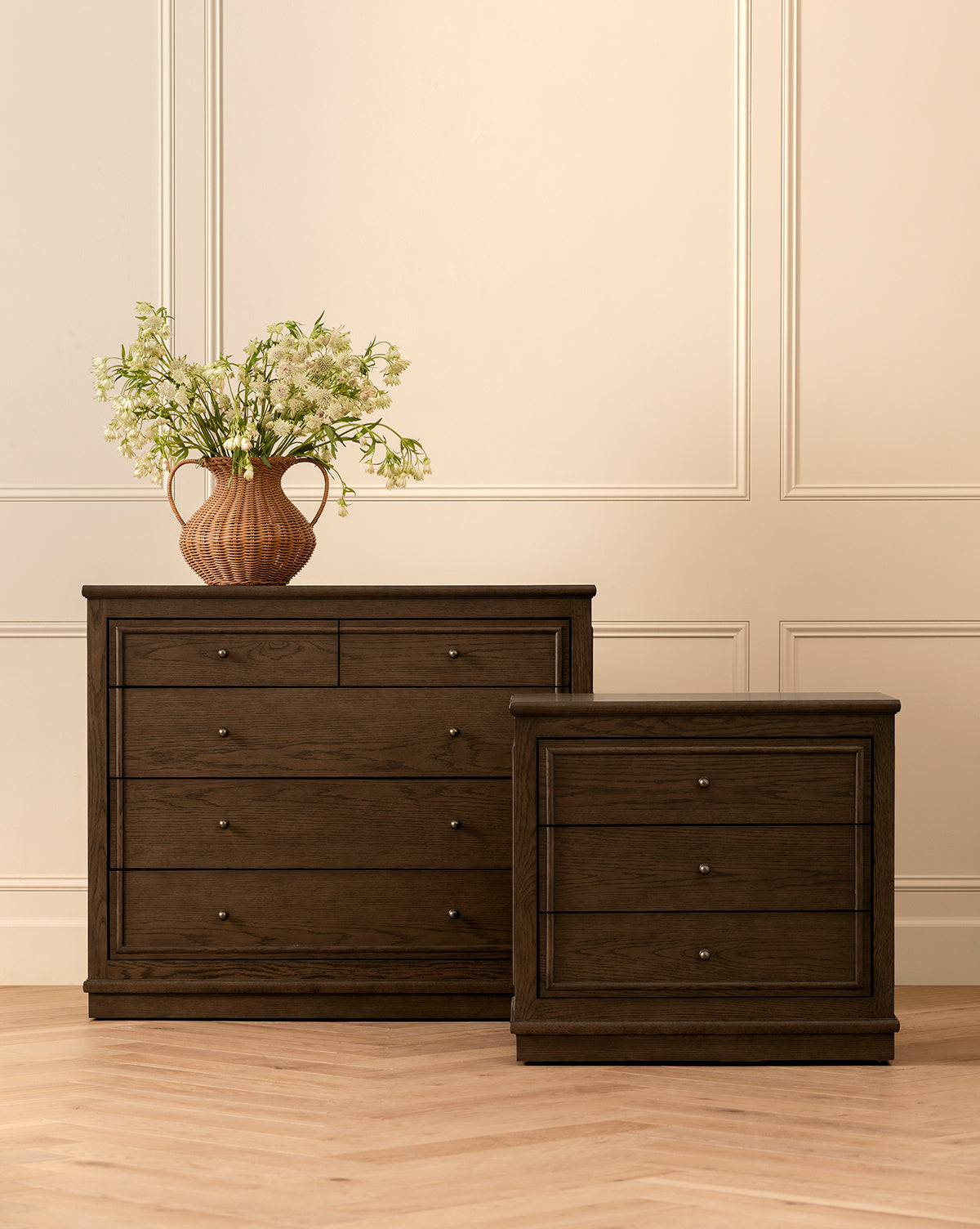 Classic English Oak Nightstand with Antique Brass Pulls for Bedroom