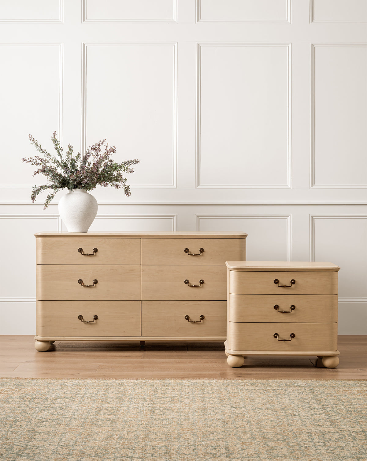 Classic Light Wood Dresser with Brass Hardware & Bun Feet for Bedroom