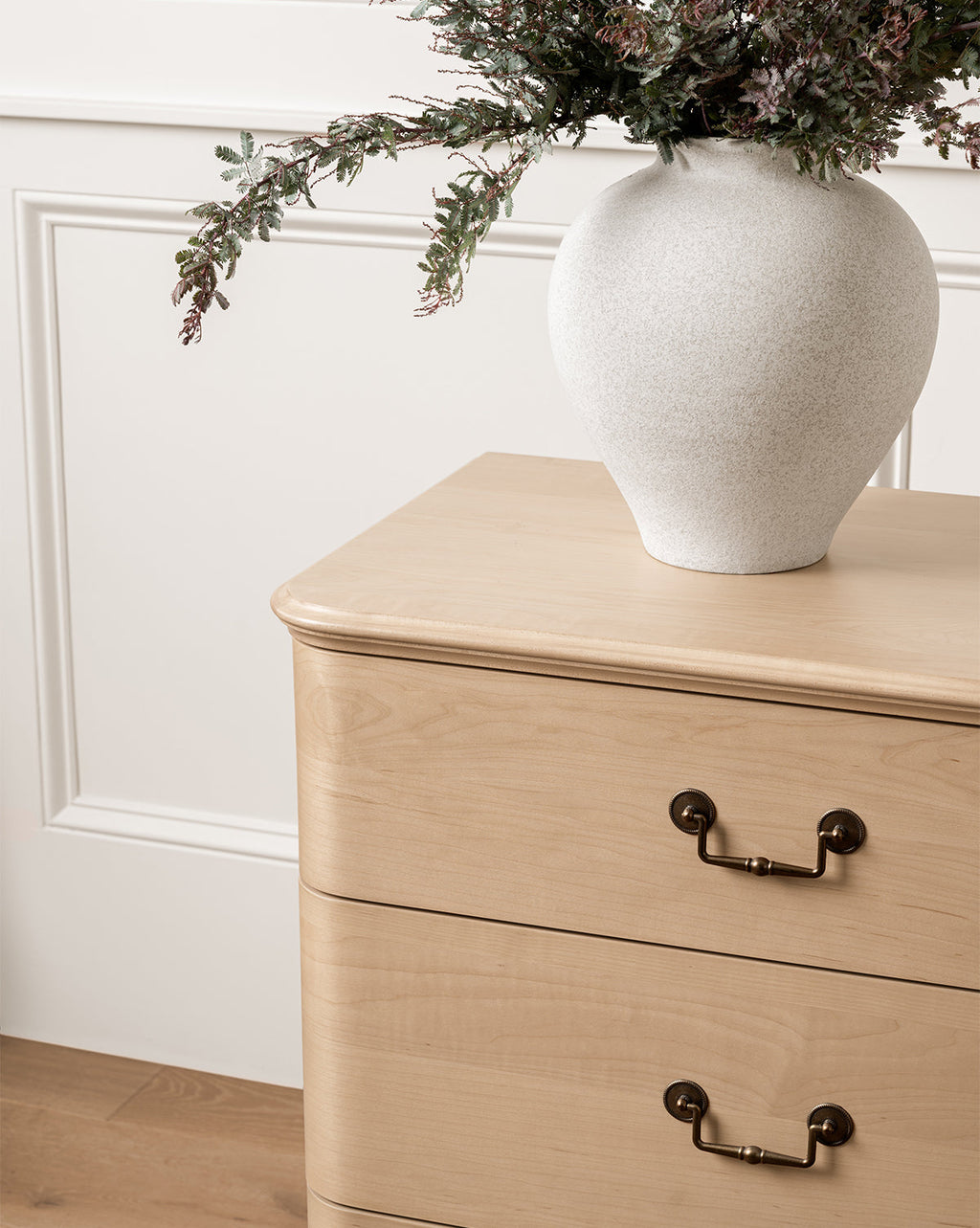 Classic Light Wood Dresser with Brass Hardware & Bun Feet for Bedroom