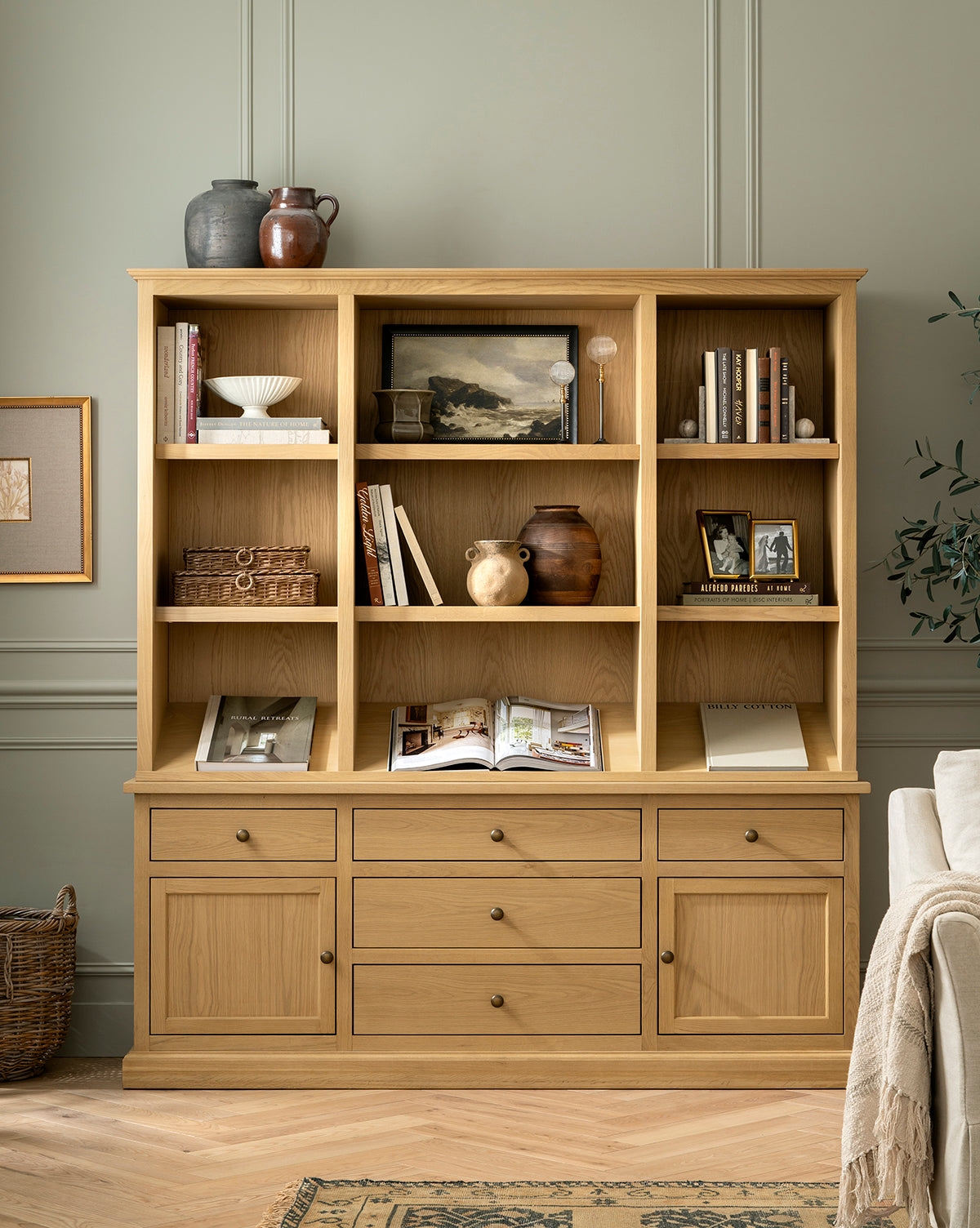 Traditional-Modern Oak Cabinet with Integrated Lighting & Angled Shelf for Living Room