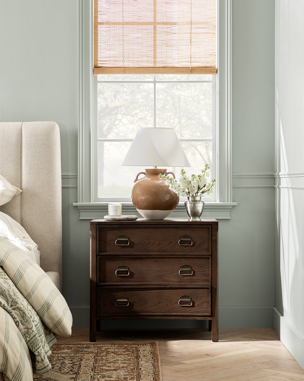 Modern Walnut Nightstand with Brass-Detailed Drawers for Bedroom