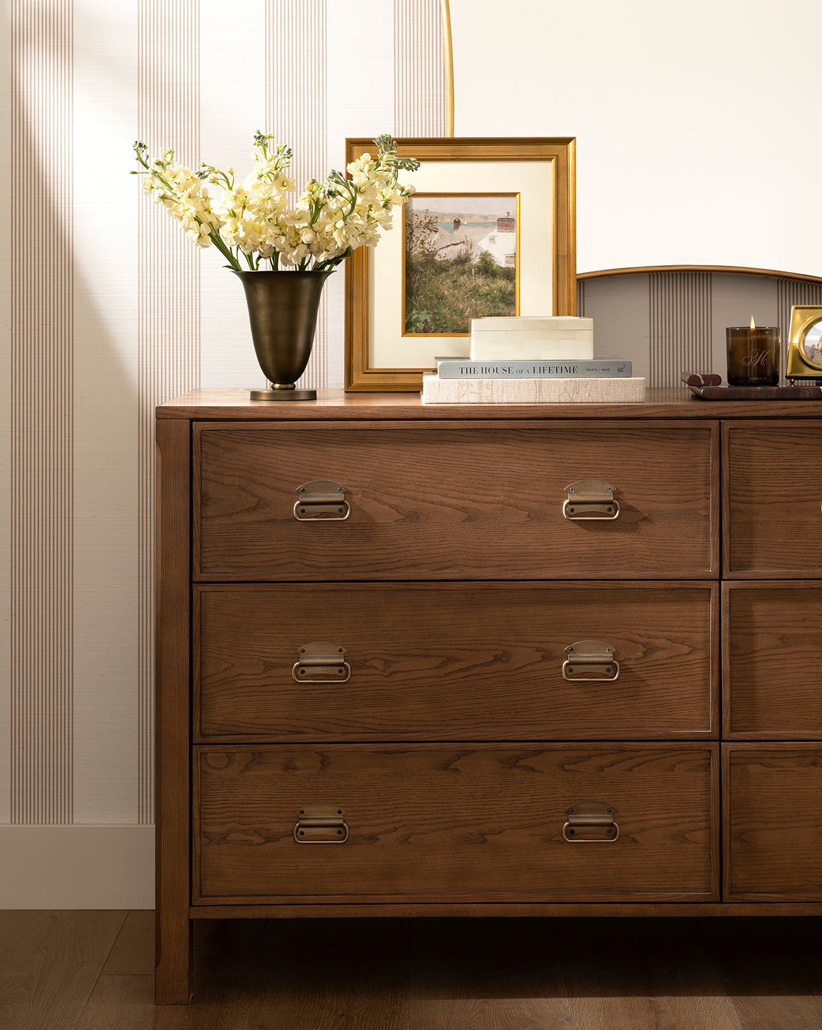 Modern Walnut Dresser with Curved Profile & Brass Accents for Bedroom