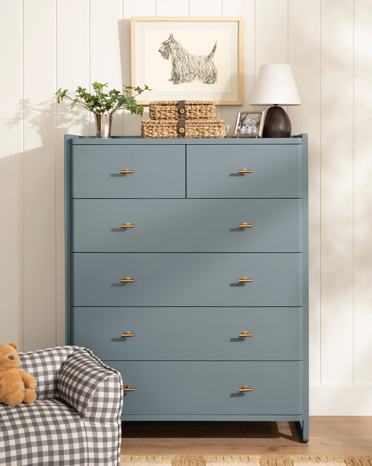 Classic Tallboy Dresser with Six Drawers & Brass Hardware for Bedroom