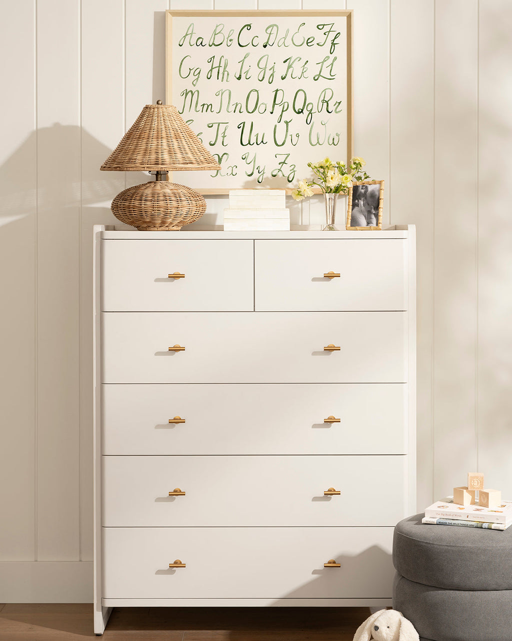 Classic Tallboy Dresser with Six Drawers & Brass Hardware for Bedroom