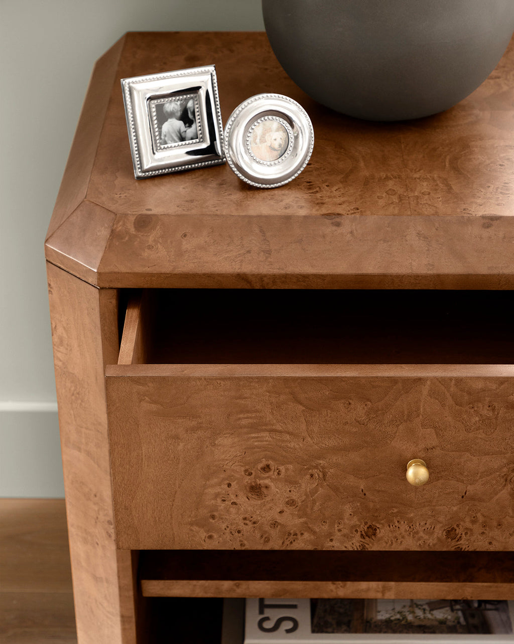 Artisan Burl Wood Nightstand with Single Drawer & Open Shelf for Bedroom
