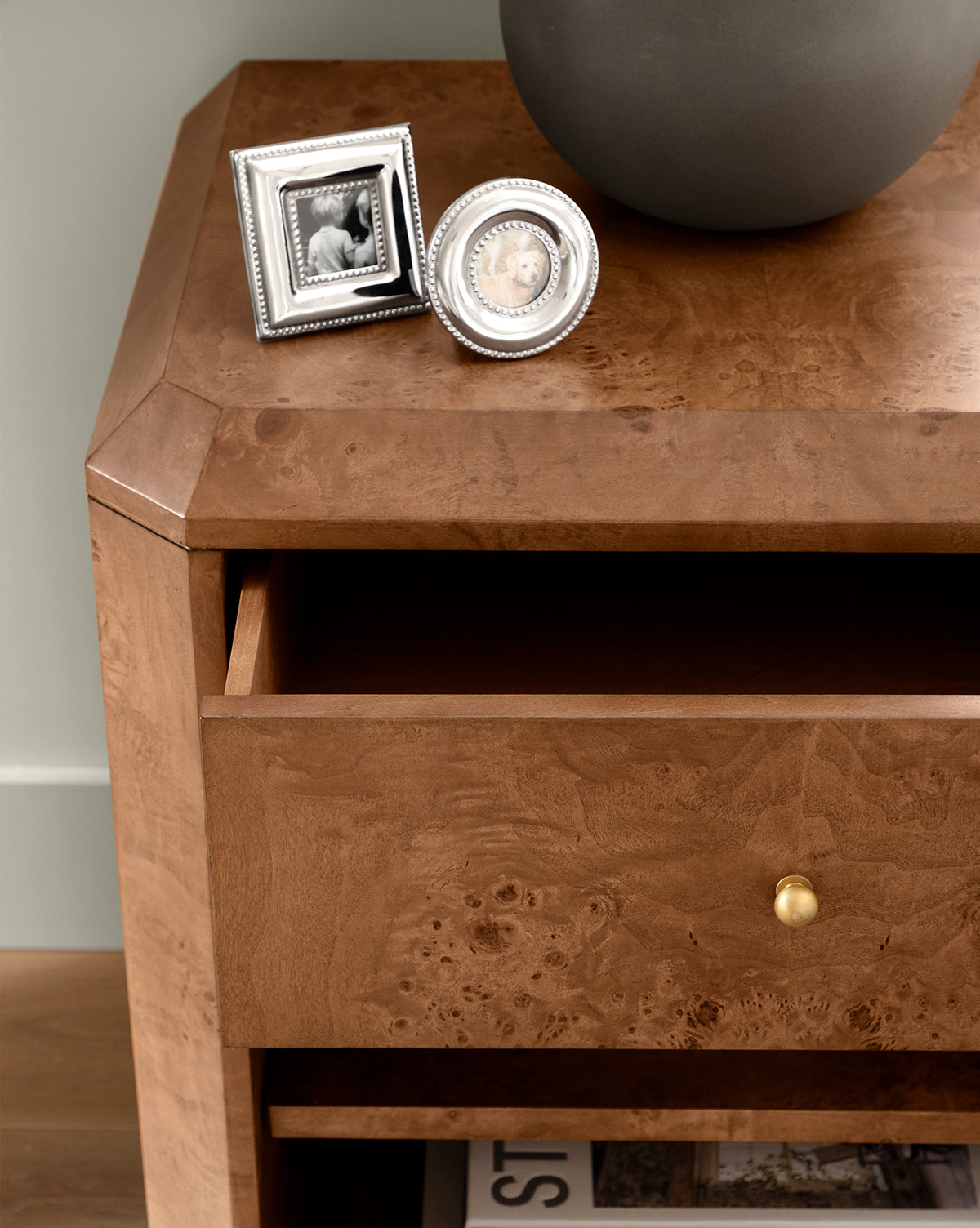 Artisan Burl Wood Nightstand with Single Drawer & Open Shelf for Bedroom