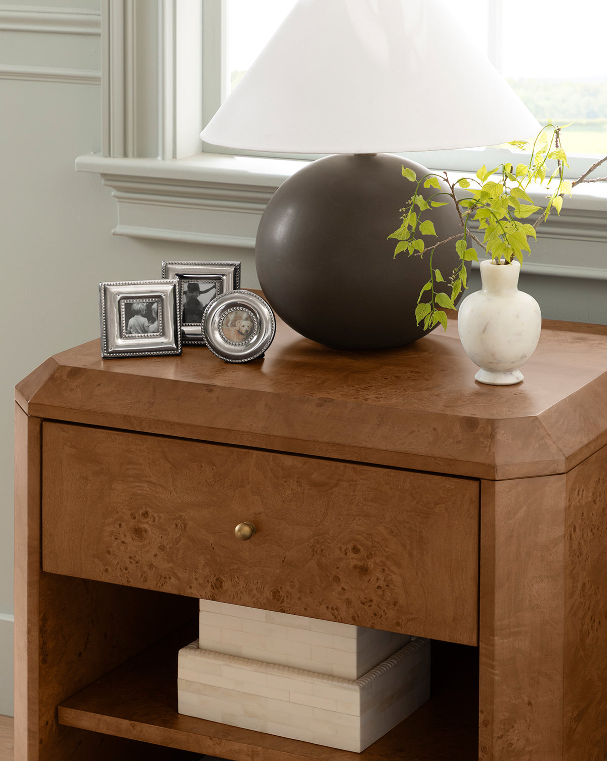 Artisan Burl Wood Nightstand with Single Drawer & Open Shelf for Bedroom