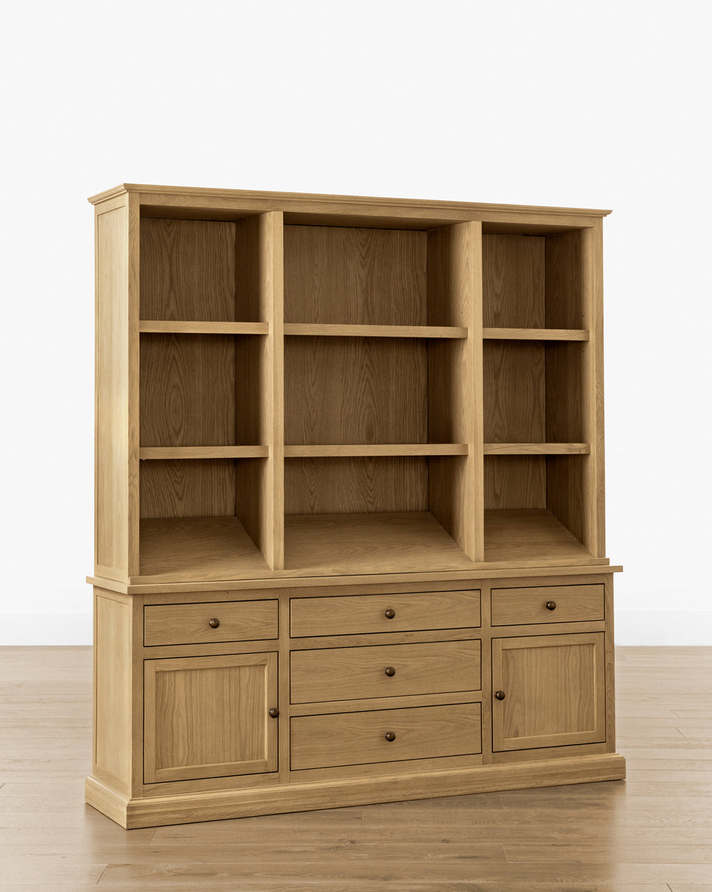 Traditional-Modern Oak Cabinet with Integrated Lighting & Angled Shelf for Living Room
